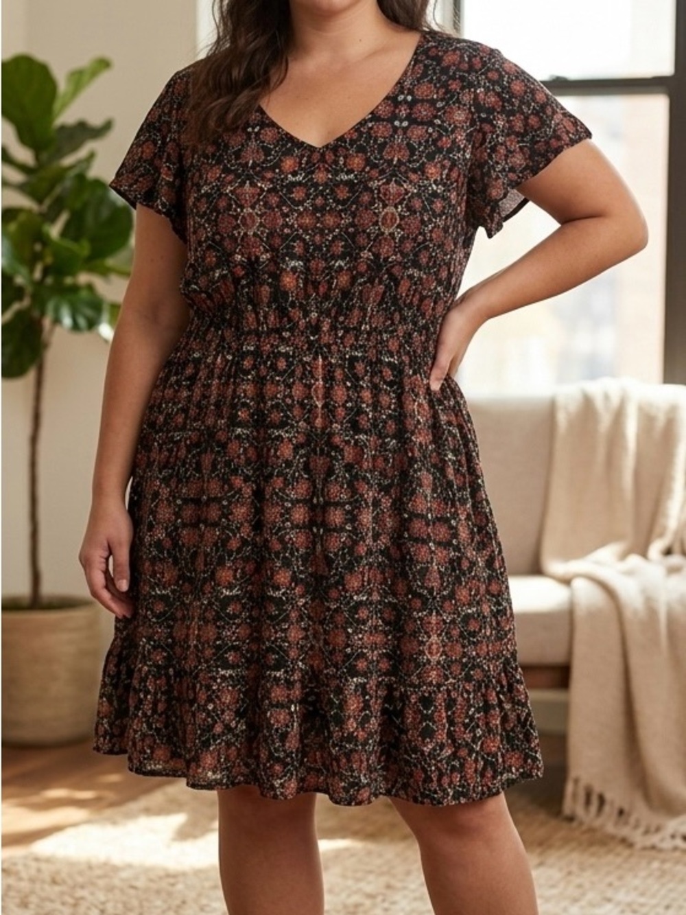 Wallflower Rust and Black Patterned V‑Neck Midi Dress